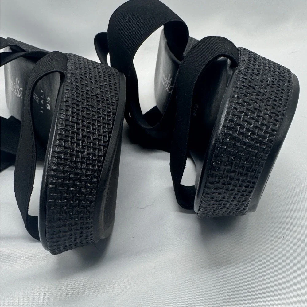 Womens Black Elastic Platform Strappy Wedge Sandals Size 9.5 Made in Italy